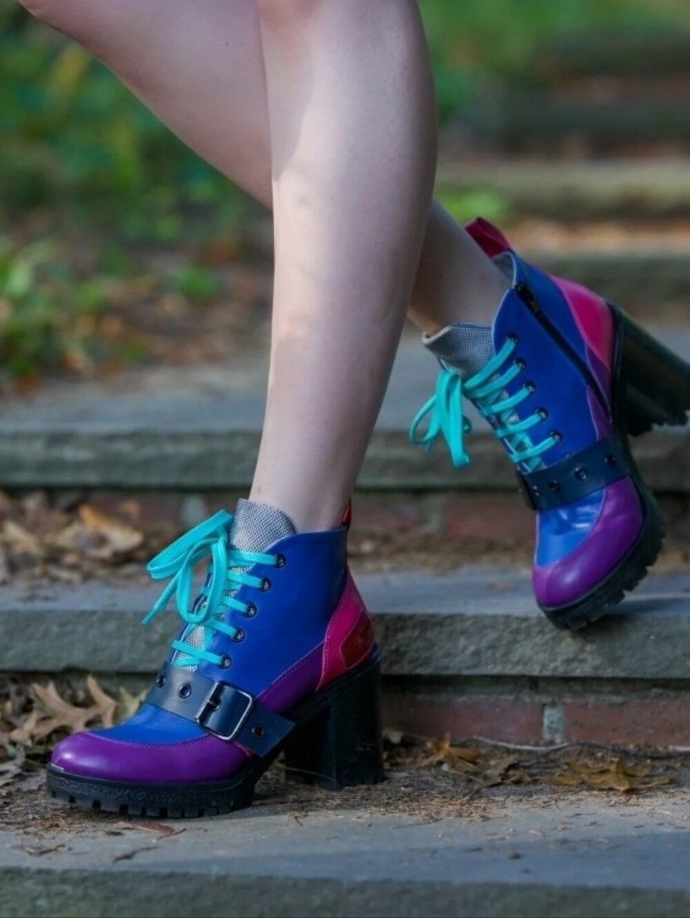 KKira Colorblock Lace-Up Heeled Combat Boots in Blue/Purple/Pink